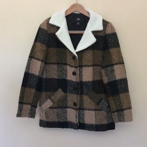 Rusty Tan and Black Buffalo Check Flannel Coat Shearling Collar, S.